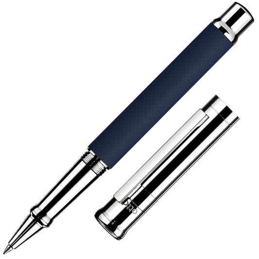 Otto Hutt design 04 Rollerball Pen Checked Guilloche Frosted Blue with Platinum Trim