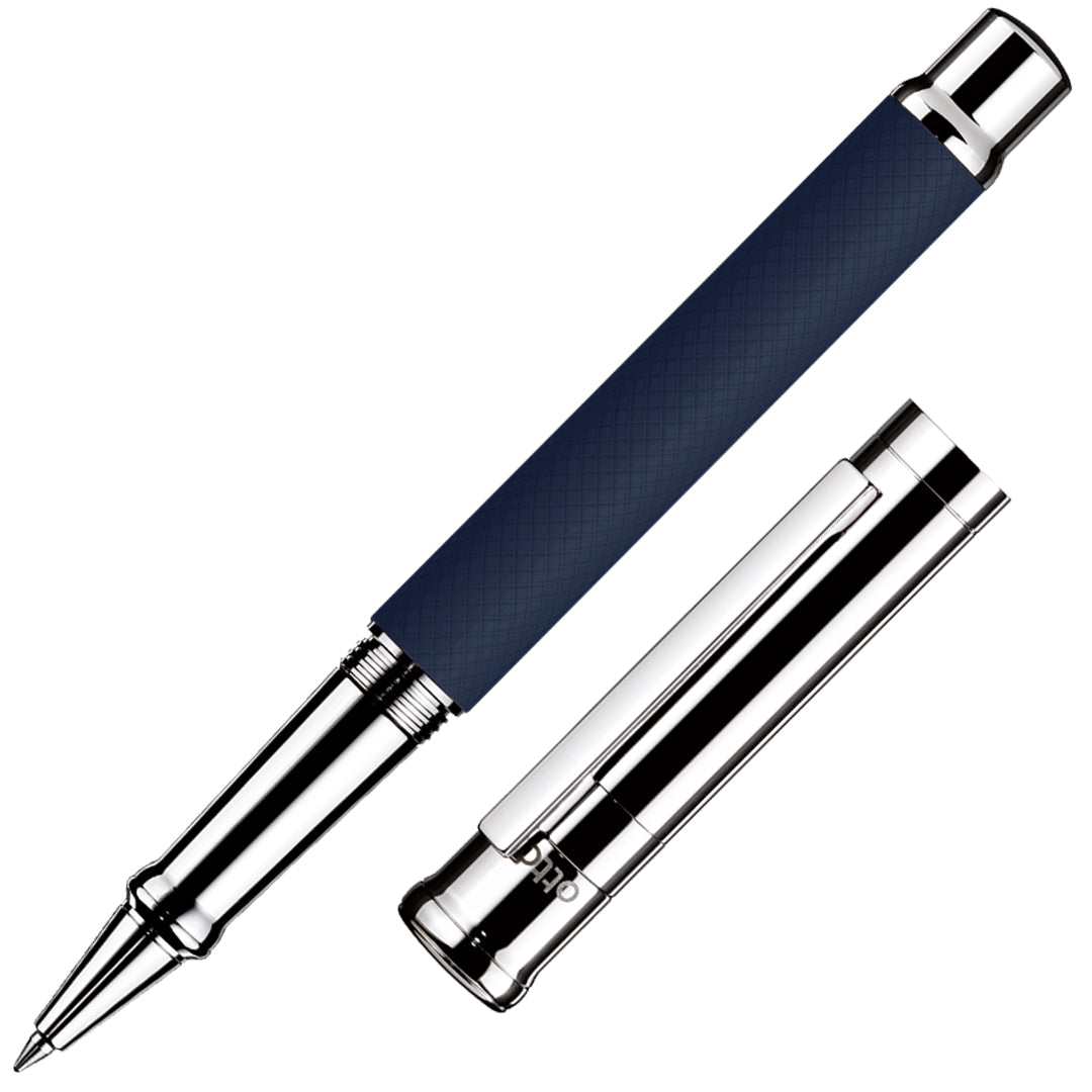 Otto Hutt design 04 Rollerball Pen Checked Guilloche Frosted Blue with Platinum Trim